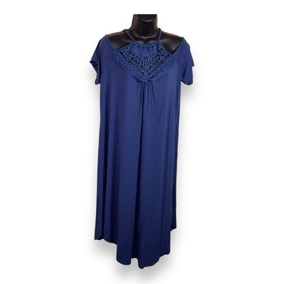 LARGE BLUE EMBROIDERED ACCENT MIDI DRESS STRETCH BOHO BOHEMIAN SHORT SLEEVE - Picture 1 of 9